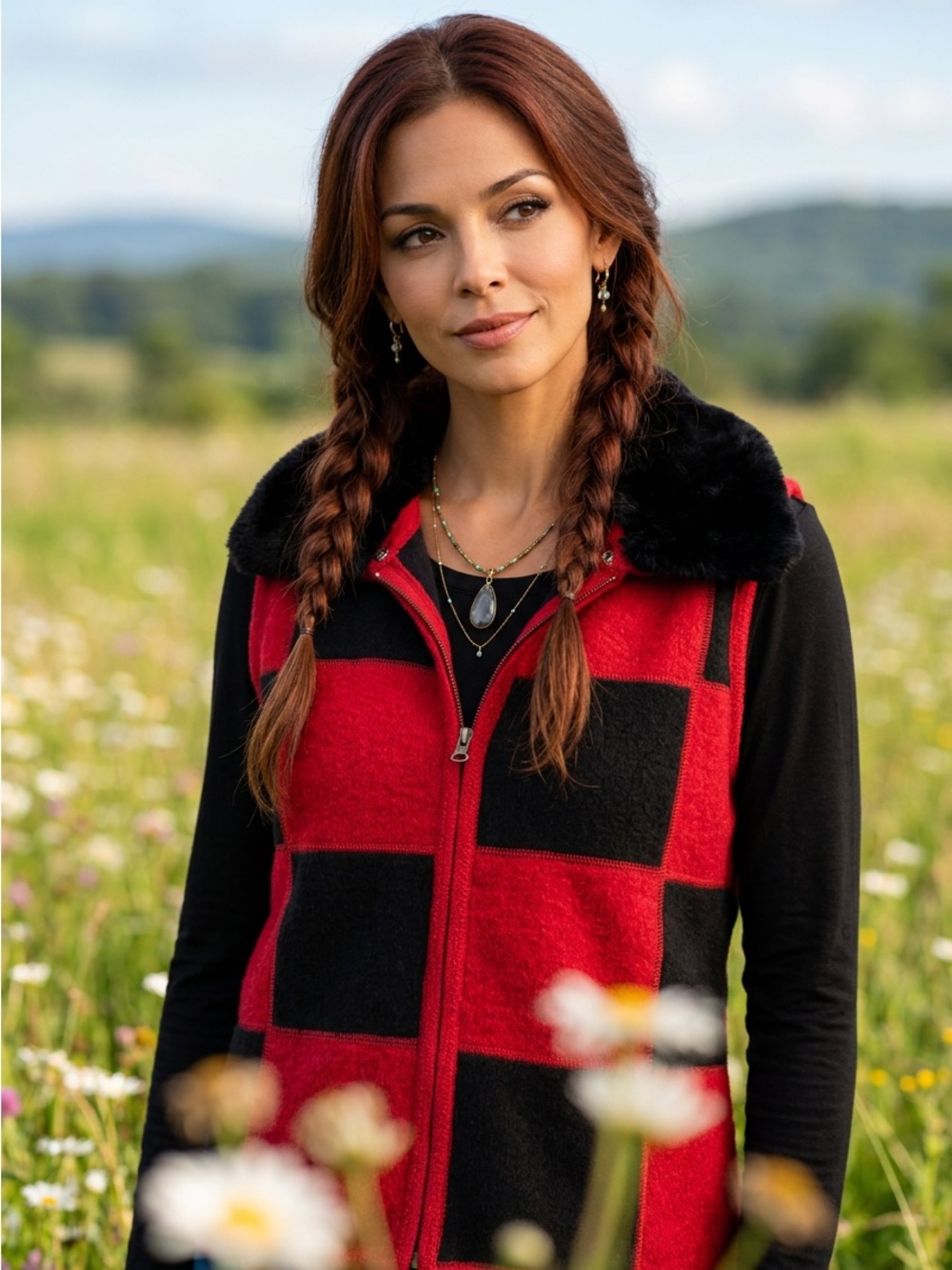 Tally Ho 100% Wool Red Black Buffalo Check Vest Faux-Fur Removable Collar-L